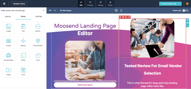 Moosend landing page editor