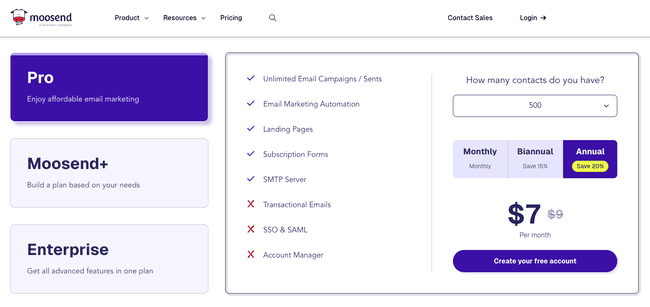 Moosend pricing and plans