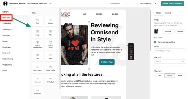 Omnisend email editor for ecommerce emails