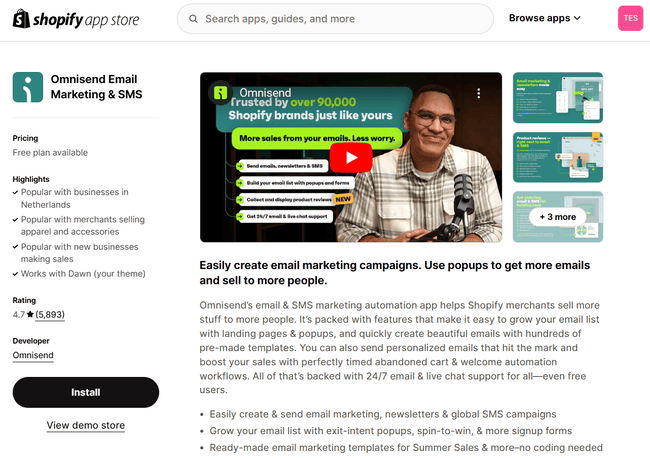 Omnisend email marketing integration in Shopify App Store