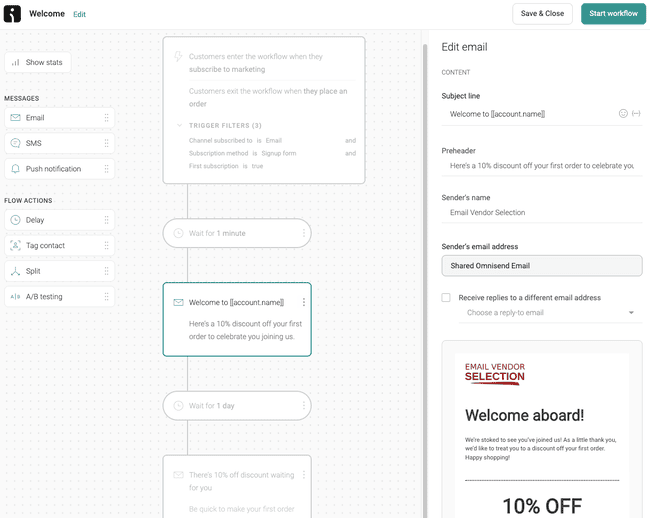 Omnisend marketing automation workflow editor