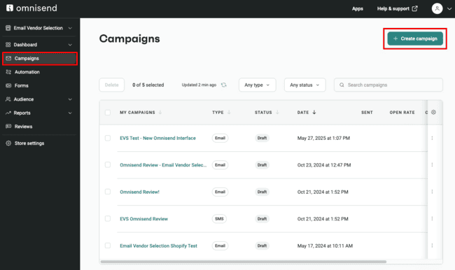 Omnisend review email campaign options
