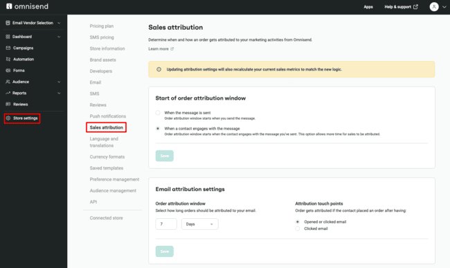 Omnisend sales attribution settings
