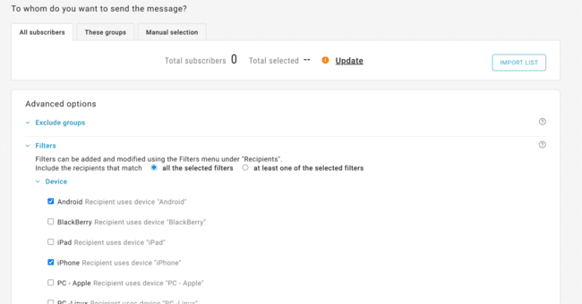 opciones avanzadas de envío de SMS en Mailup