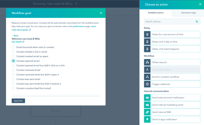 opciones de acción de automatización de Hubspot CRM