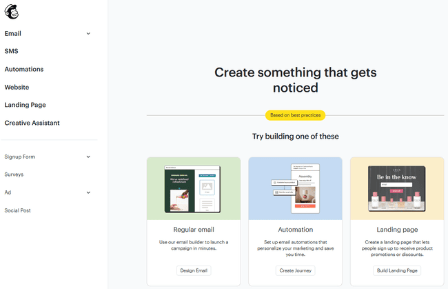 opciones de creación de campañas de Mailchimp