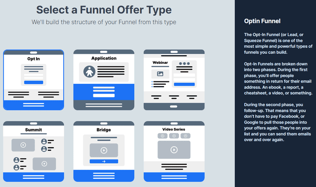 Opciones de creación del embudo de ventas de ClickFunnels