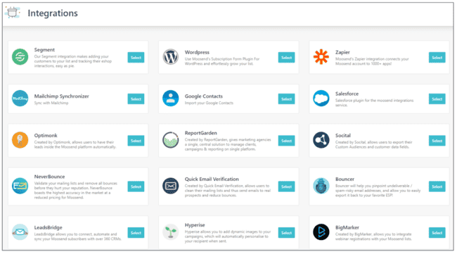 Opciones de integración en Moosend