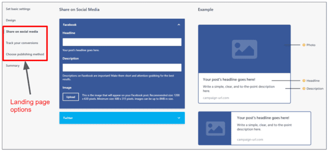opciones de las páginas de destino de Moosend