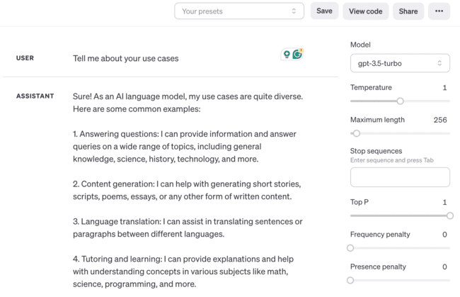 Opciones de personalización del modelo de OpenAI Playground