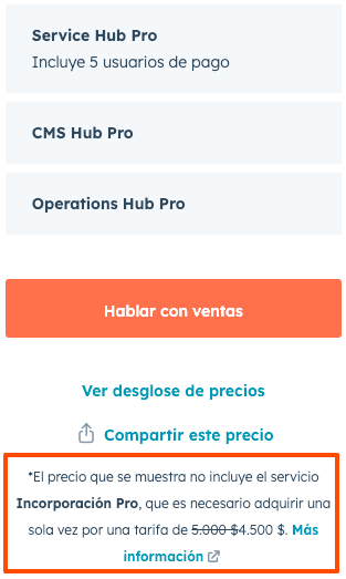 opciones de precios de Hubspot Profesional