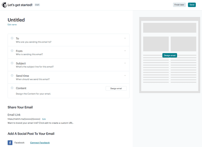 página de configuración de campañas de Mailchimp