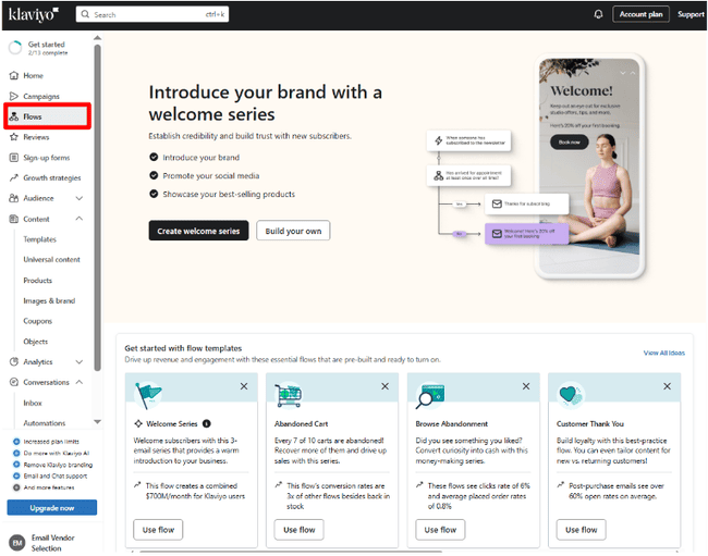 Página de inicio de Automatización de Marketing de Klaviyo Flows