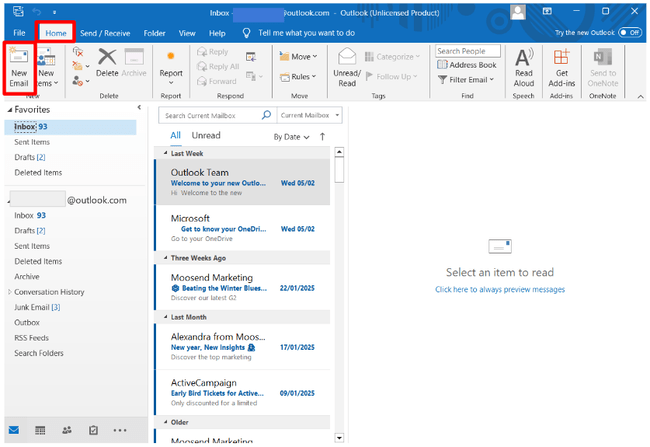 Página de inicio de la versión clásica de Outlook para Windows