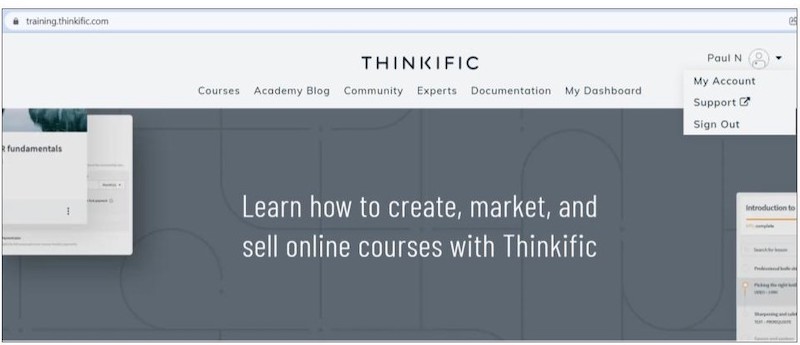 Página de inicio del sitio web de cursos de Thinkific, training.thinkific.com