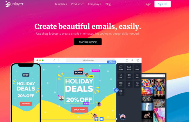 pagina de registro del creador de plantillas de email Unlayer