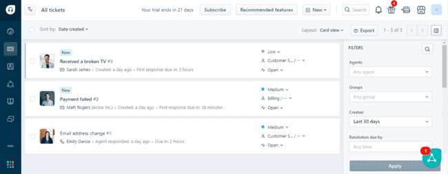 Página de tickets del crm de atención al cliente de Freshdesk
