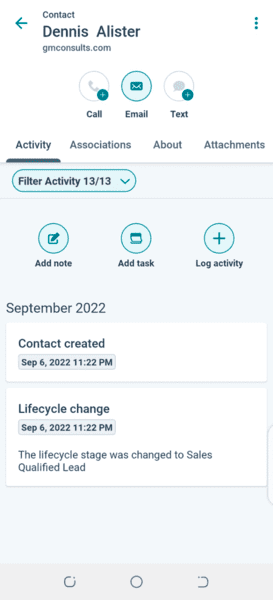 Páginas de contacto del crm móvil de Hubspot