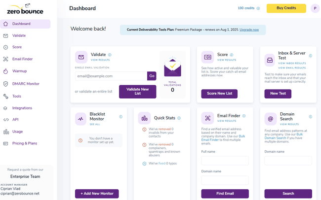 Panel de control de ZeroBounce
