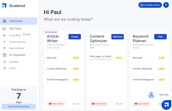 panel de herramientas de inteligencia artificial para escribir de Scalenut