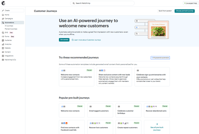 pestaña de automatizaciones de Mailchimp