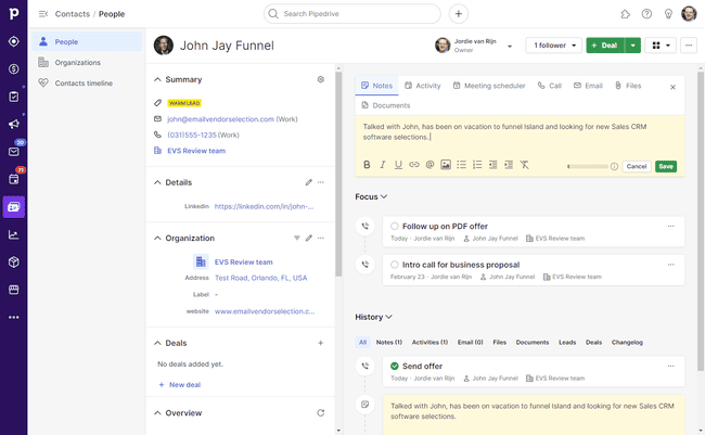 Pipedrive CRM contact view history activity