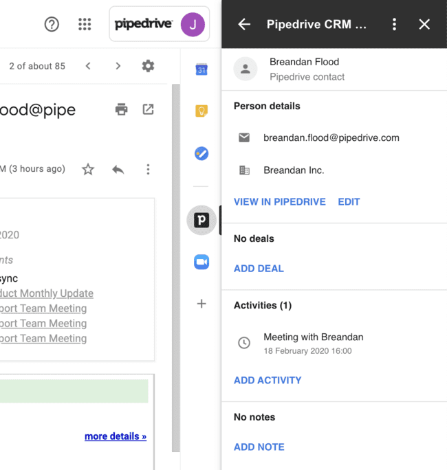 Pipedrive Gmail CRM contact page