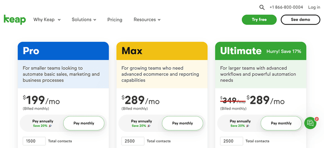 Planes de pago de automatización de marketing Keap