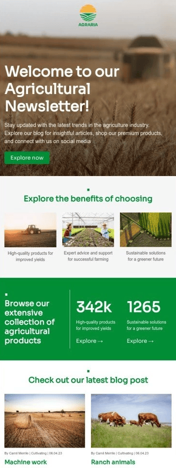 Plantilla gratuita de Mailchimp para newsletters sobre agricultura y naturaleza