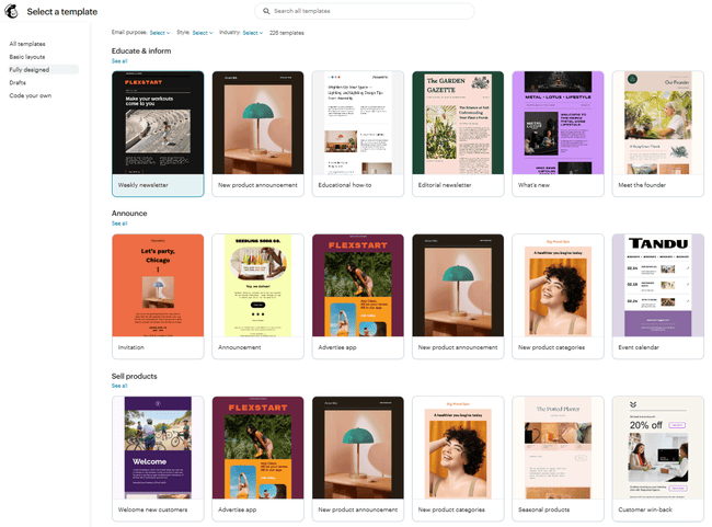 plantillas de email de Mailchimp en el nuevo creador de arrastrar y soltar