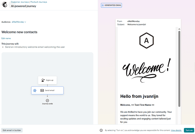 recorrido de automatización de un email de bienvenida en Mailchimp