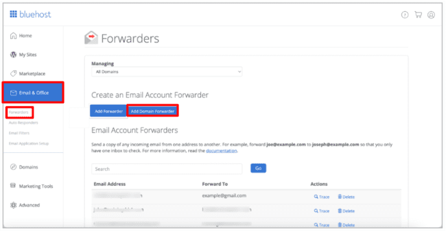 Reenviadores de Bluehost