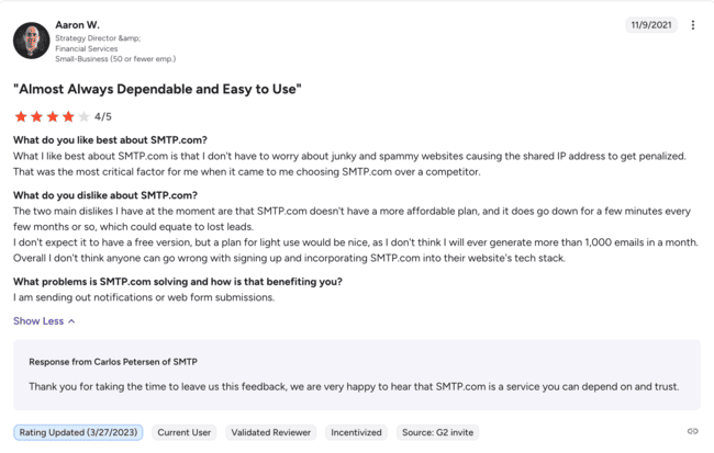 SMTP.com API review from finance professionals