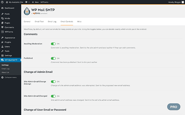 Screenshot do painel de controlo do WP Mail smtp
