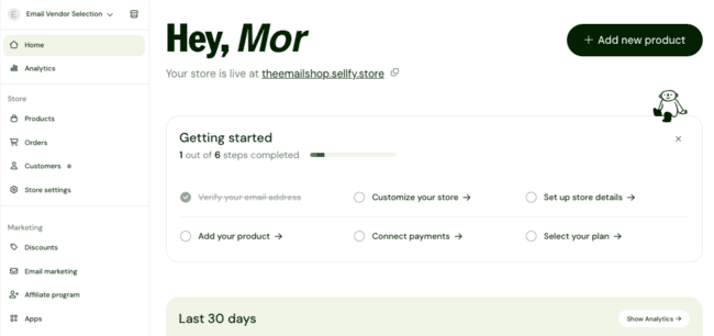 Sellfy home dashboard page