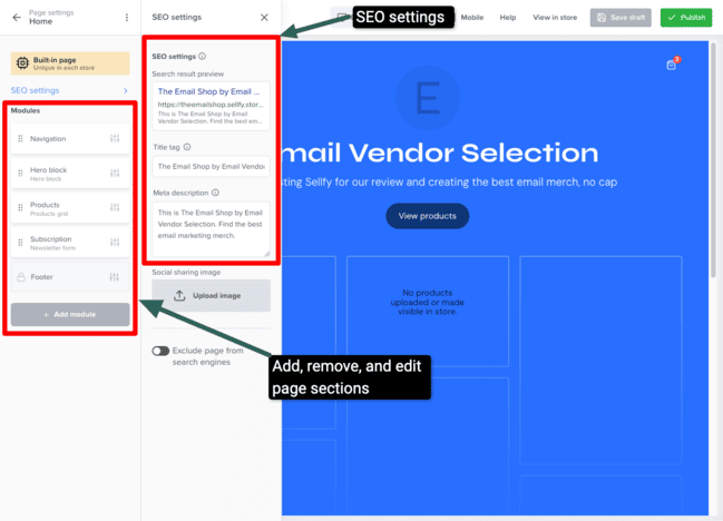 Sellfy page modules and seo settings