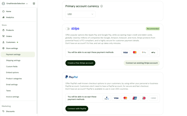Sellfy payment settings