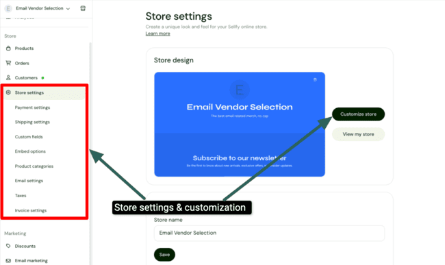 Sellfy store customization and settings