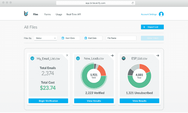 servicio de verificación de emails Briteverify con validación de listas