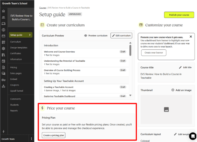 Setting pricing plans for your course in Teachable