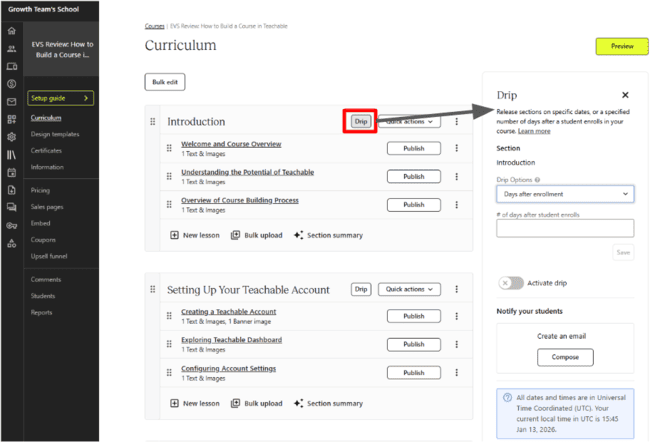 Setting up drip content in Teachable
