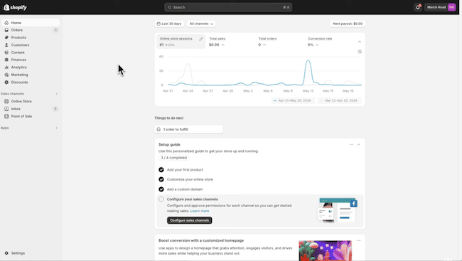 Shopify home interface and dashboard