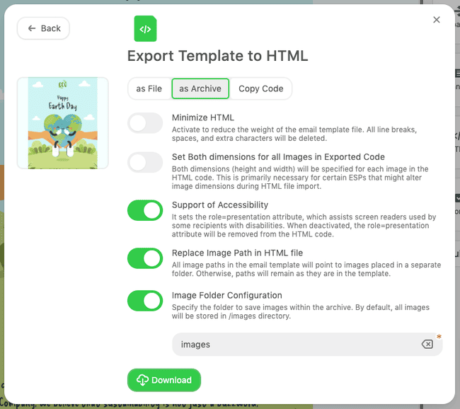 Stripo HTML template export settings