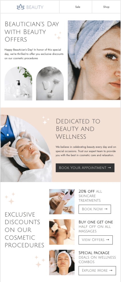 Stripo beauticians email template for beauty and personal care industry