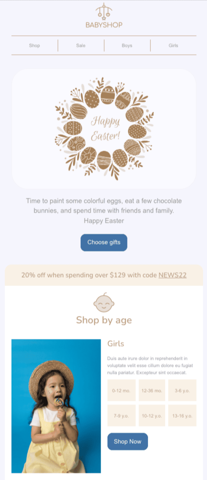 Stripo easter email teplate for kids goods industry