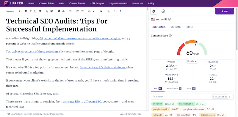 Surfer SEO reporting software tool