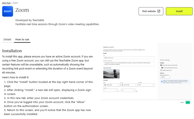 Teachable Zoom integration for live lessons