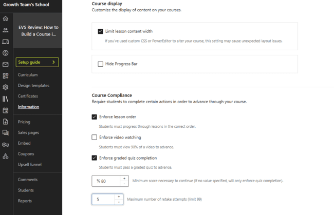 Teachable course compliance options