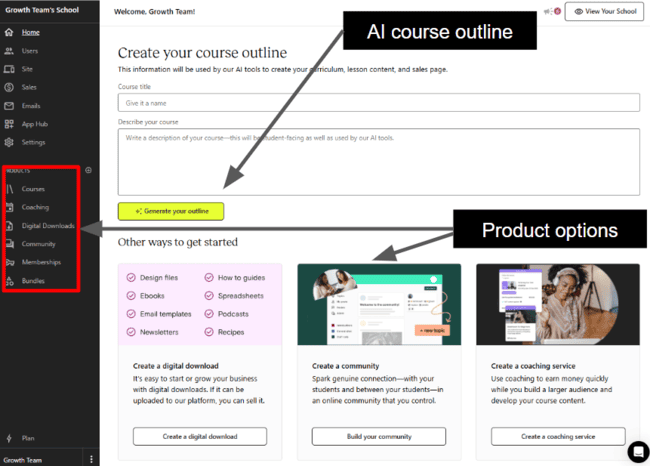 Teachable new account welcome page