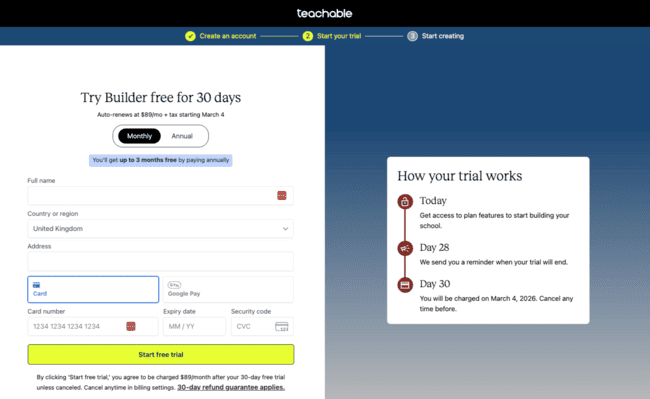 Teachable trial sign-up page